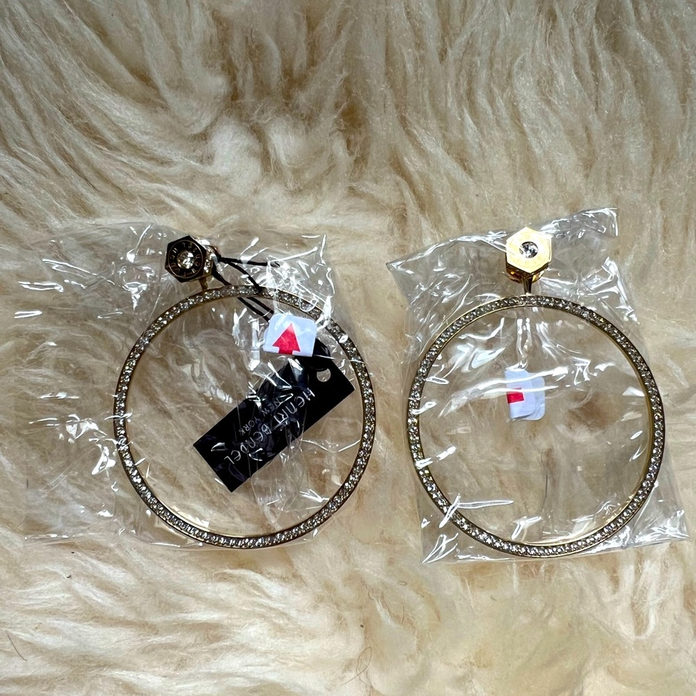 NWT Henri Bendel Yellow Gold and Crystal Deco Pave Hoops w dustbag - Glamorous!